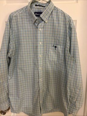 Palmetto Moon Men's Button-Down Plaid Shirt in Light Green/Blue